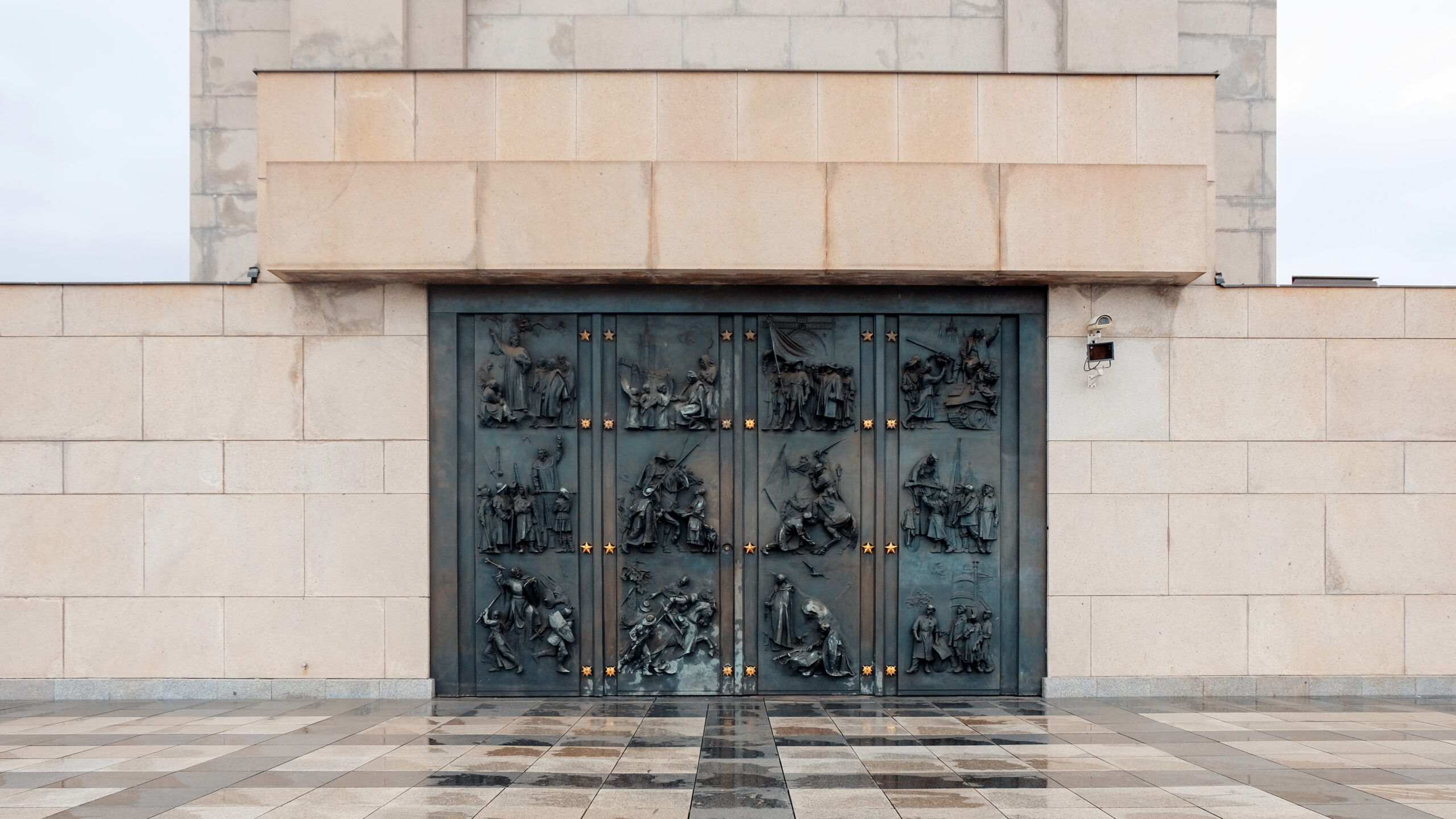 View of The National Monument at Vitkov Hill in Prague, Czech Republic. Metal gates